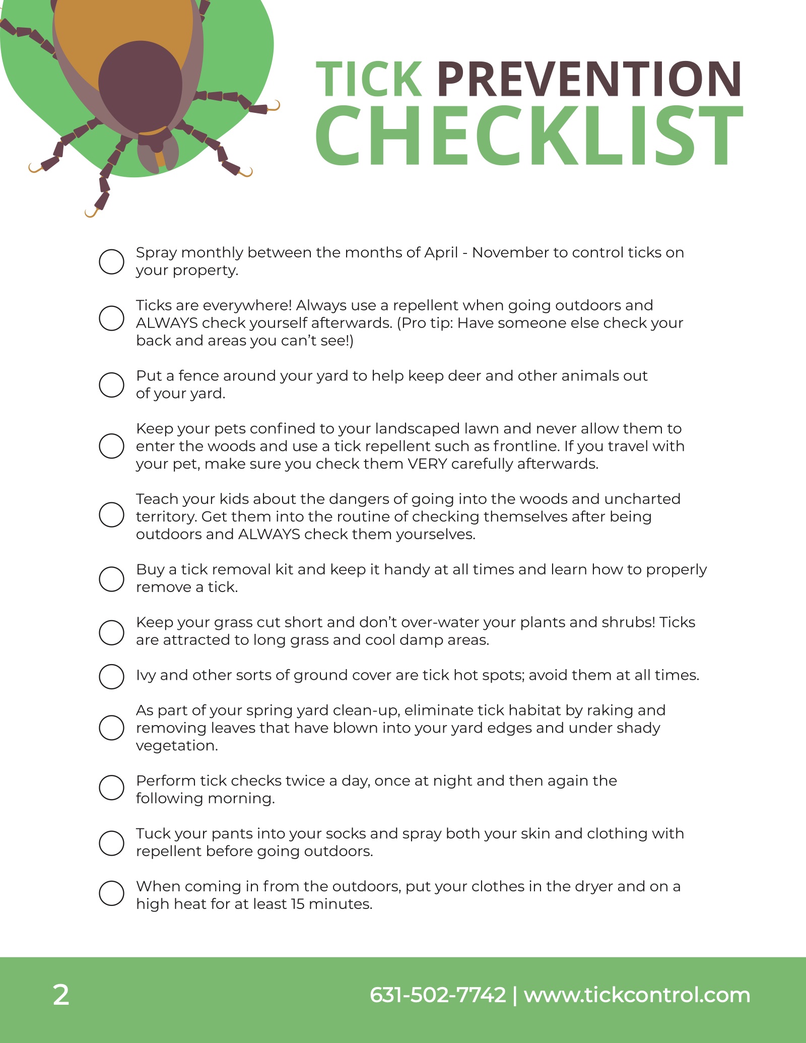 Page two: twelve tick prevention tips, each with a check-off circle, under the checklist header