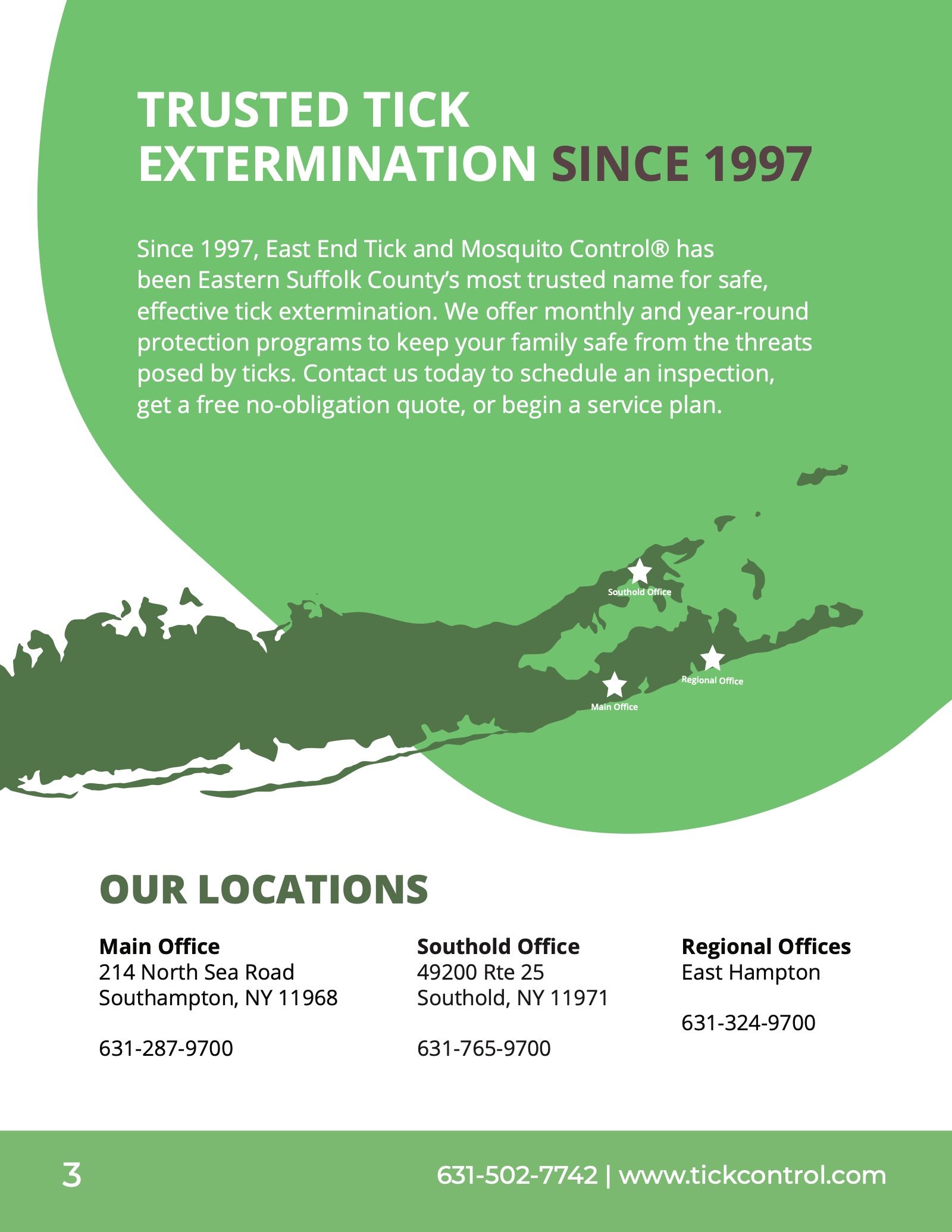 Page three: Trusted Tick Extermination Since 1997, a Long Island map marking the three offices, and office locations