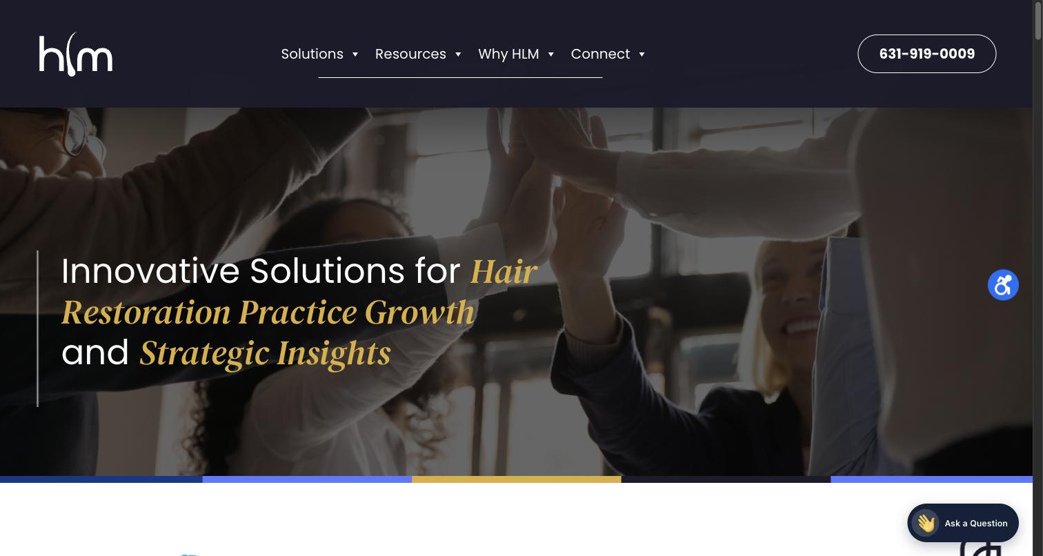 Hair Loss Marketing homepage showing the HLM logo, Ink Navy, Signal Gold, and Periwinkle brand system