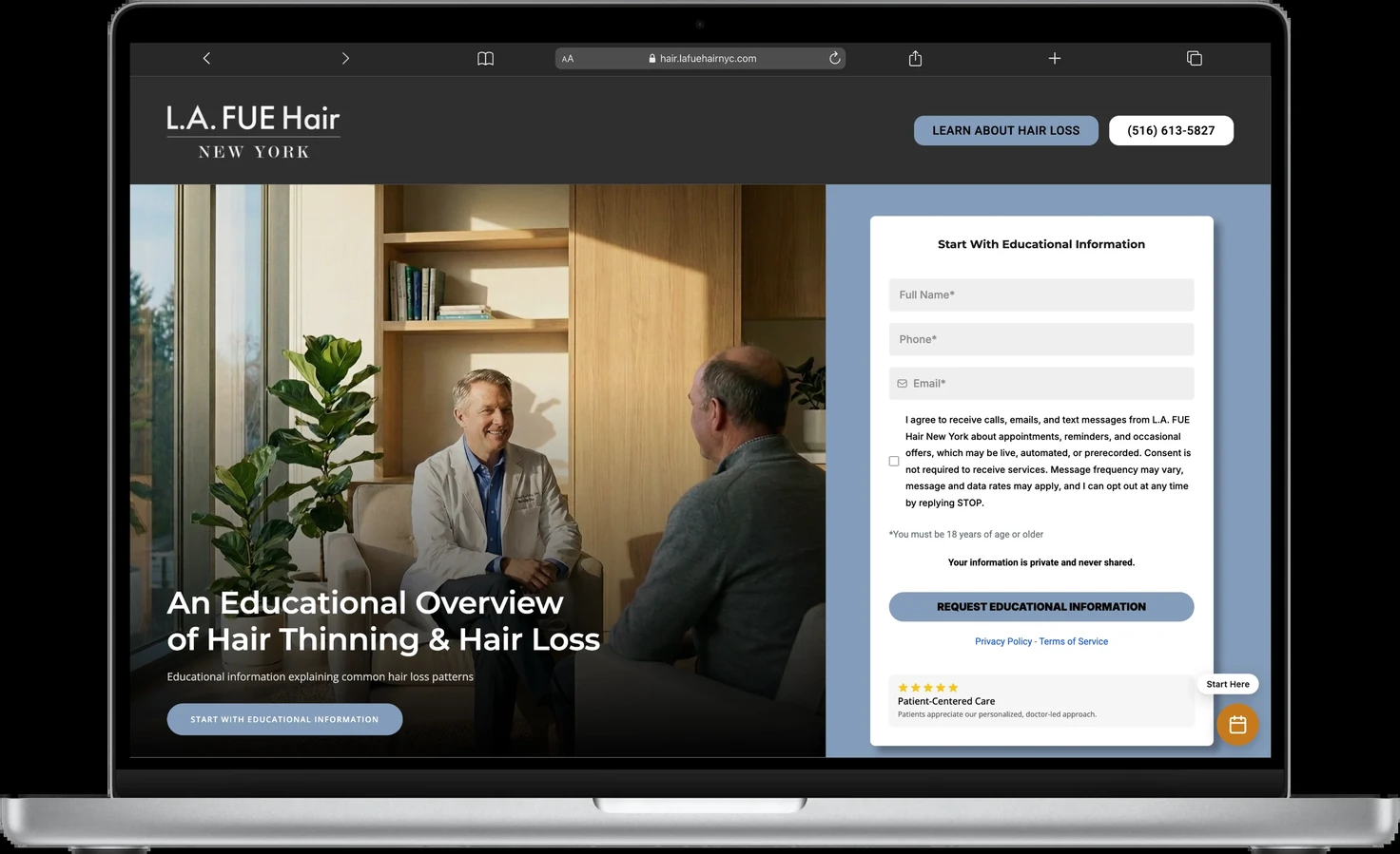 L.A. FUE Hair New York landing page on laptop