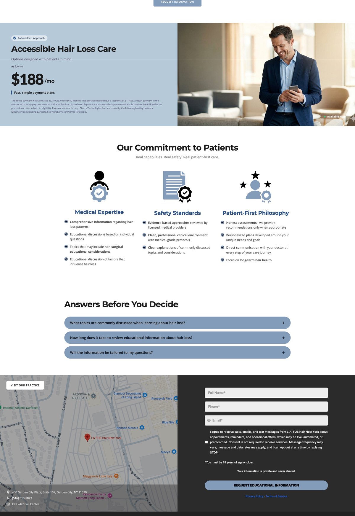 Financing, commitment to patients, and FAQ sections