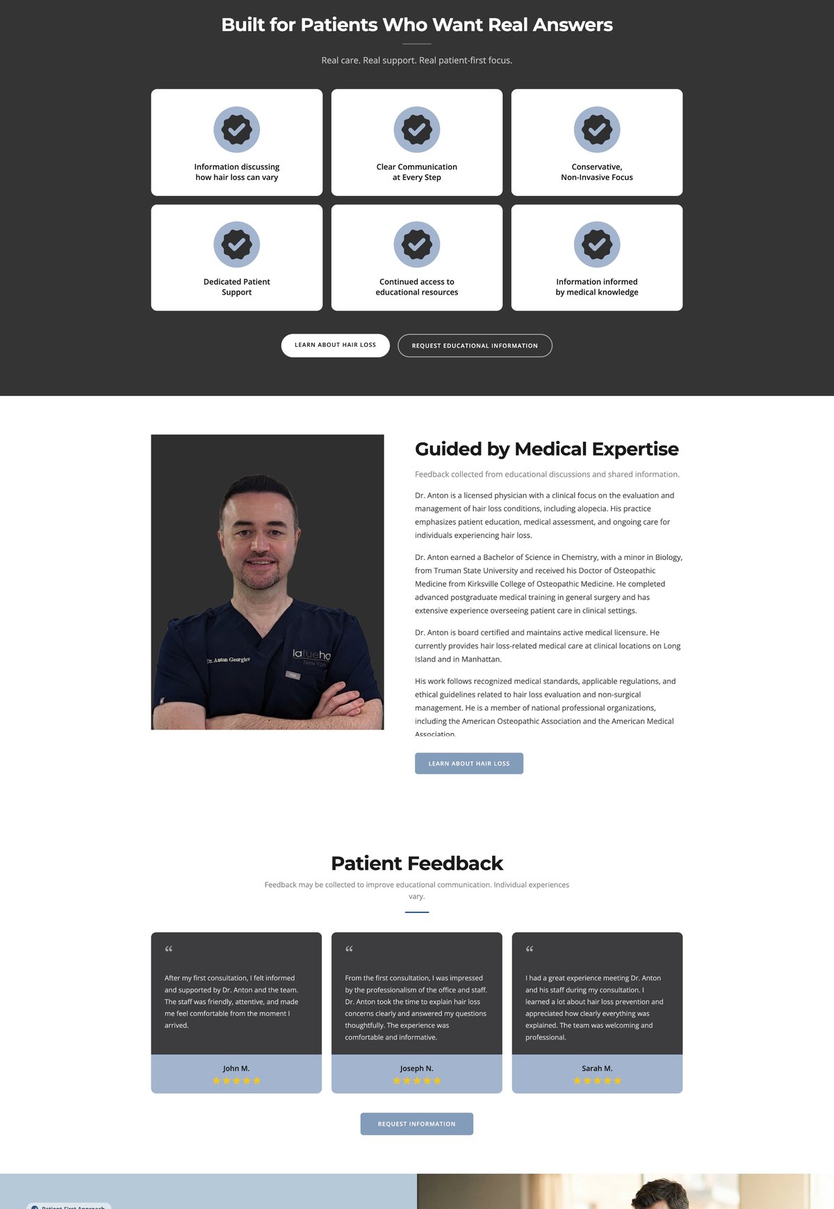 Built for Patients Who Want Real Answers trust section and doctor bio