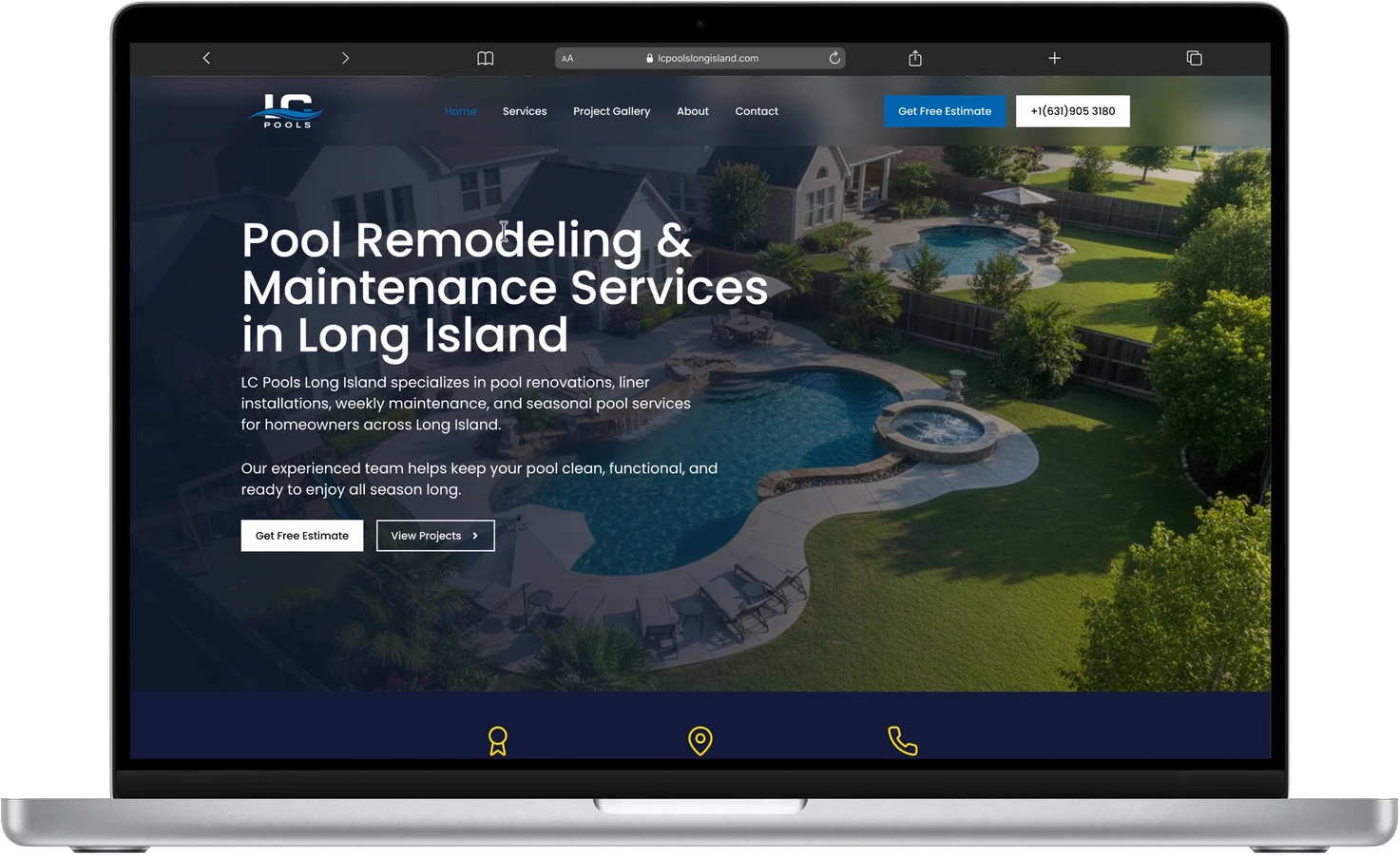 LC Pools Long Island homepage on laptop