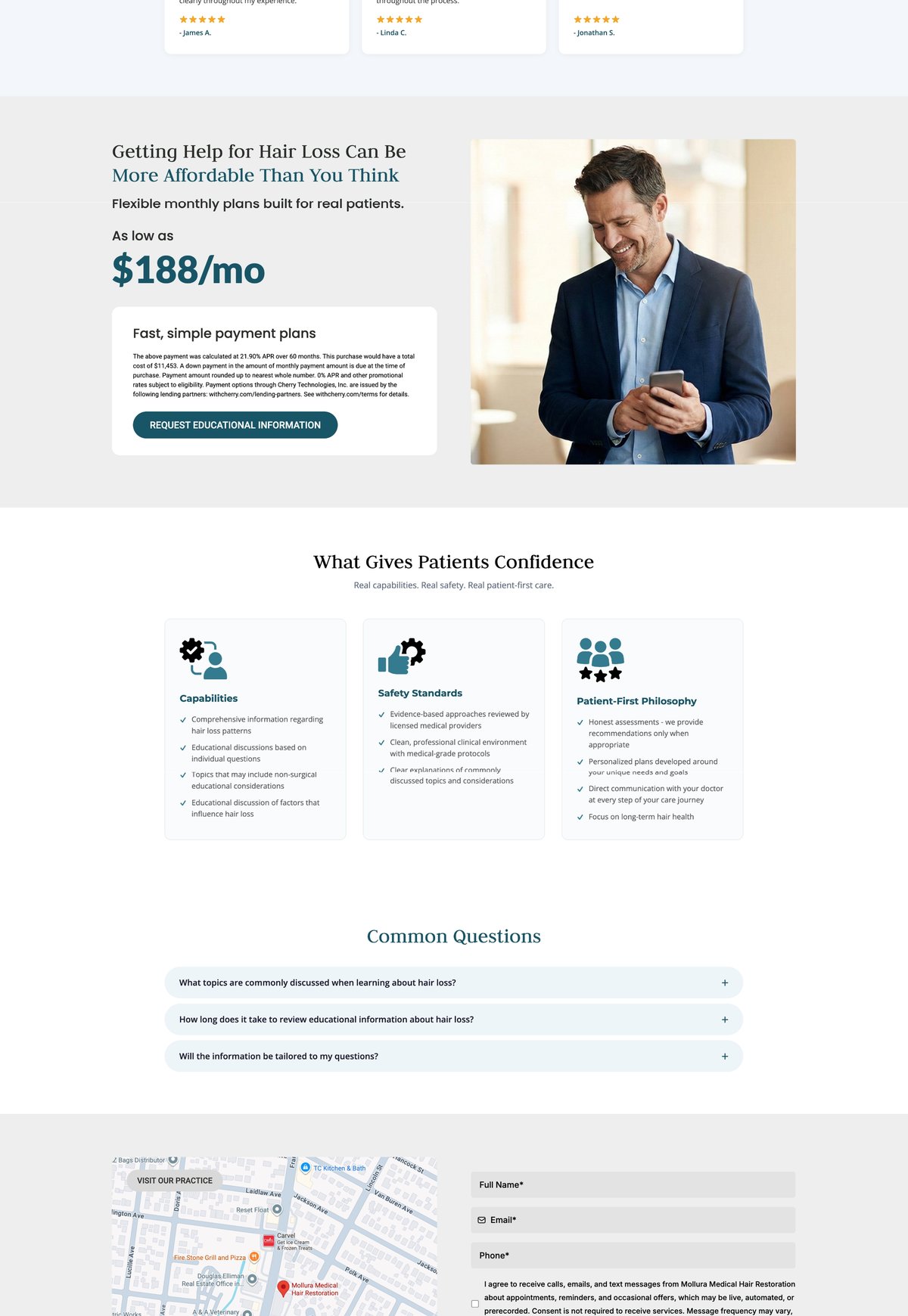 Doctor bio, patient testimonials, and financing section