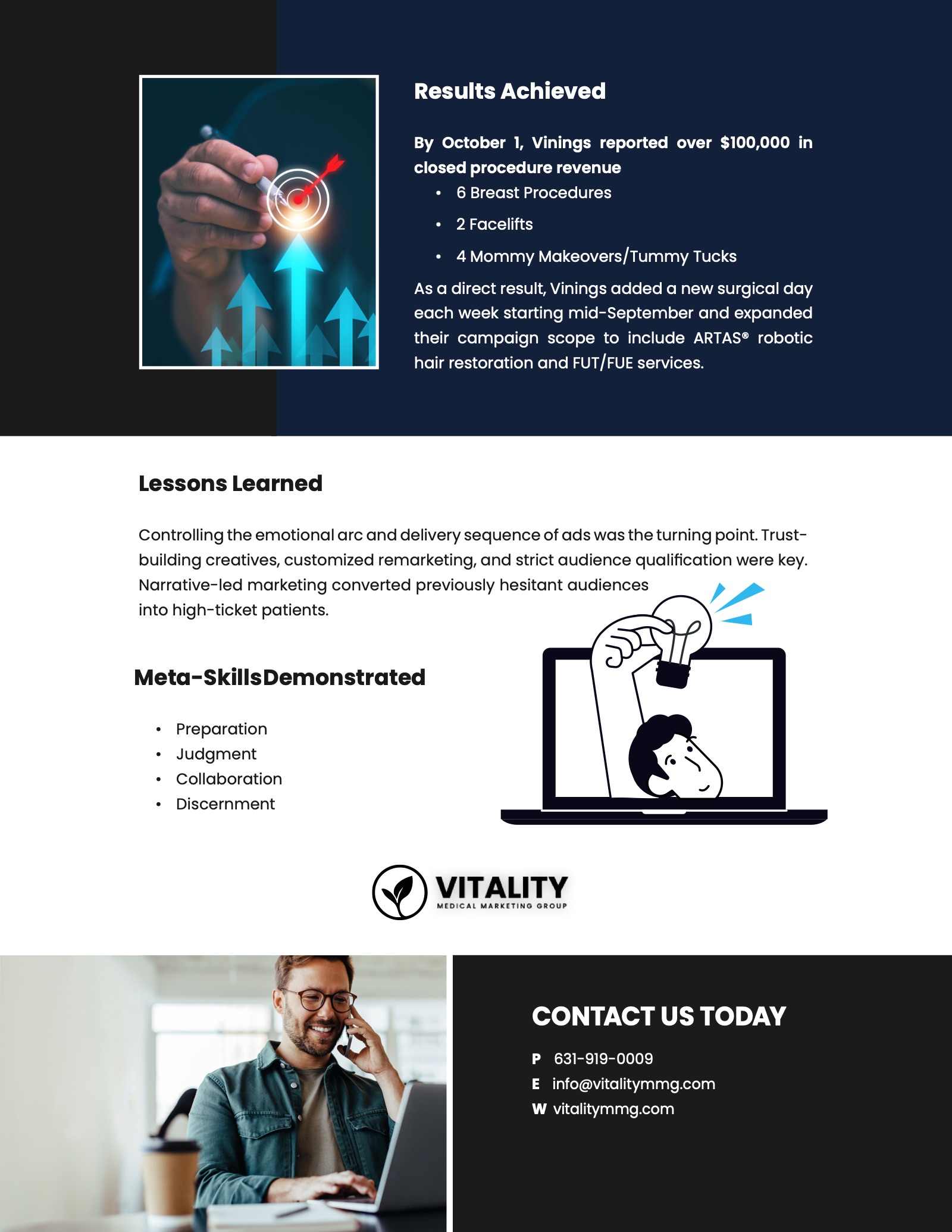 Page three: results achieved on a navy panel, lessons learned, meta-skills, and a contact us today footer
