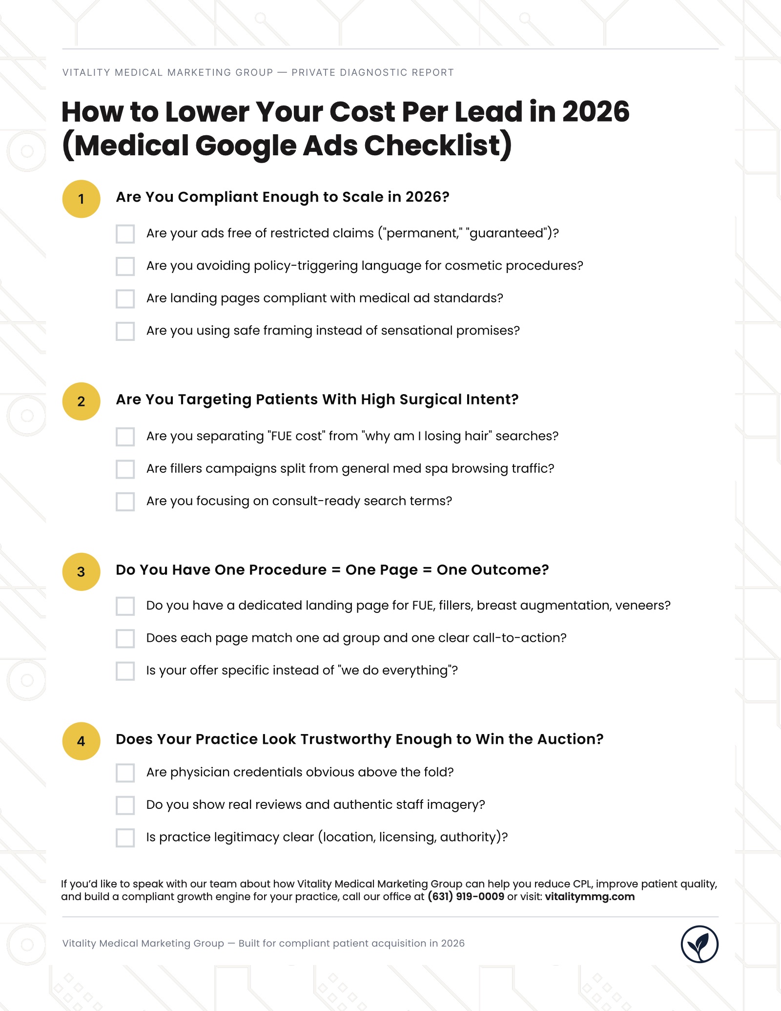 Page two: checklist sections 1 to 4 on compliance, high surgical intent targeting, one procedure per page, and trust signals, each with gold numbered markers and check-off boxes