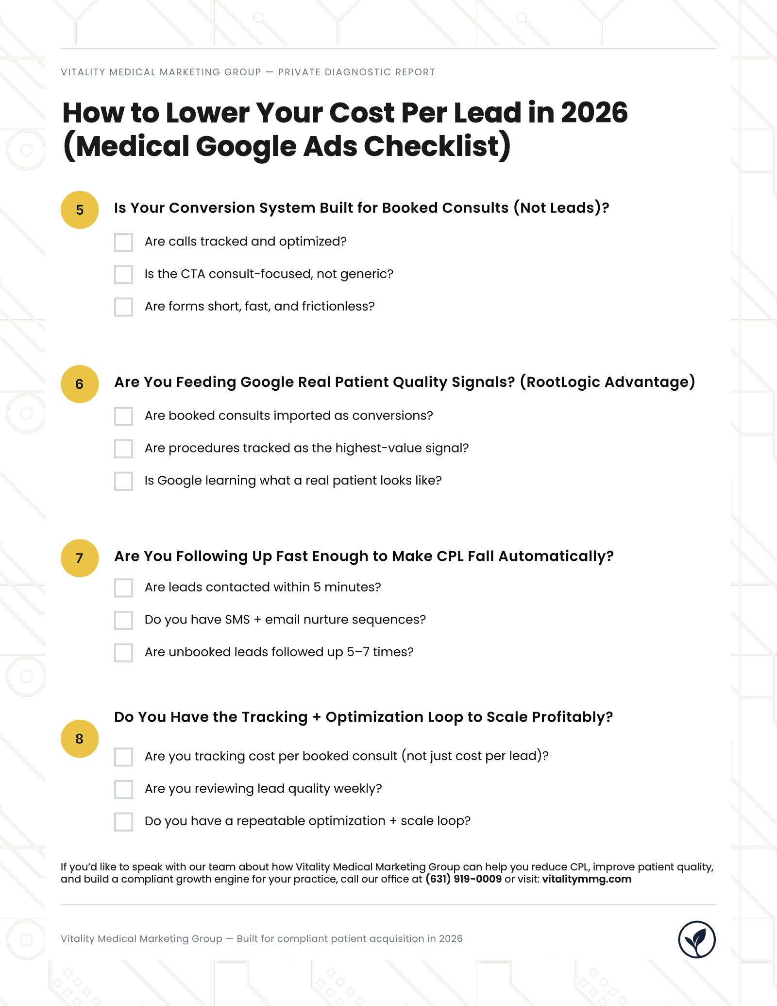 Page three: checklist sections 5 to 8 on conversion systems, patient quality signals, lead follow-up speed, and tracking, closing with a call to action